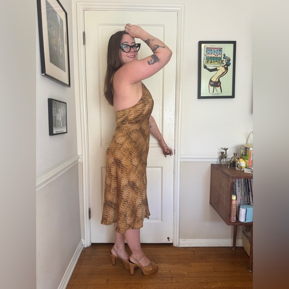 Y2K Vintage Donna Ricco Silk Snake Skin Print Halter Dress Sz M - Picture 2 of 9